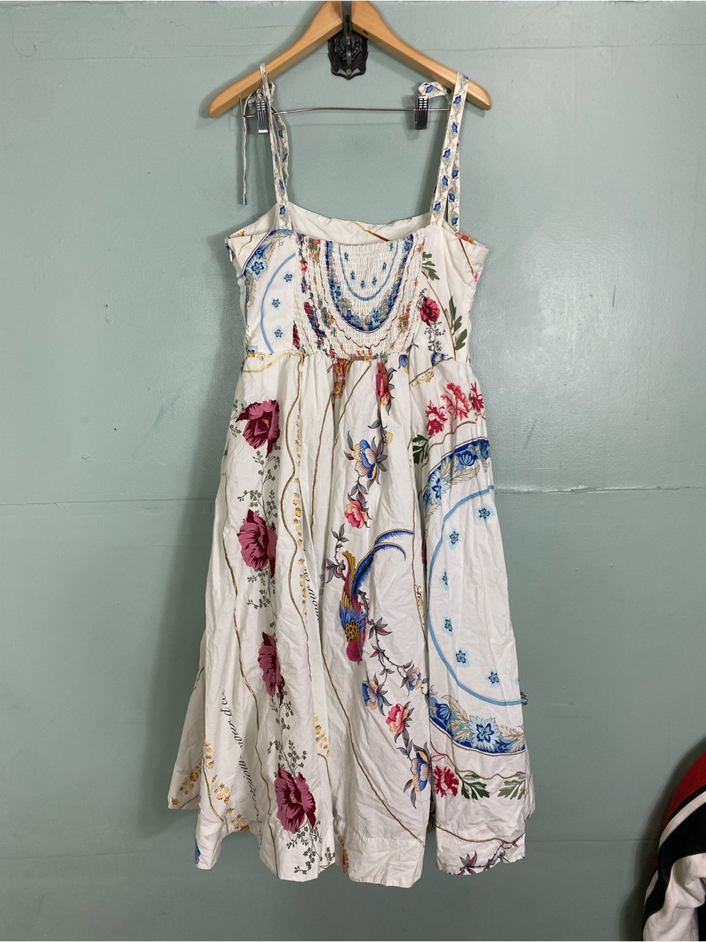 Anthropologie Tie Strap Printed Midi Dress Floral Sundress Birds Large - Picture 9 of 13